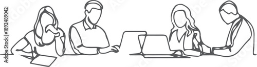 continuous line drawing of office workers at business meeting