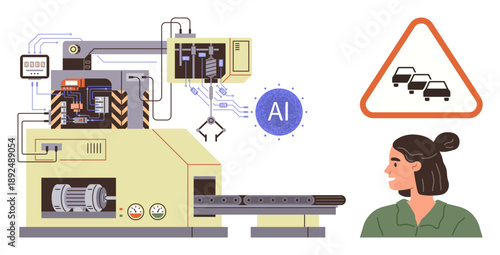 Artificial intelligence, automation, manufacturing, robotics, traffic systems, safety protocols. Industrial machinery with AI integration, traffic warning sign person observing. Automation