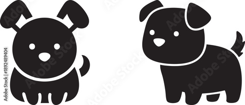 Cute black silhouettes of two cartoon puppies, vector icons