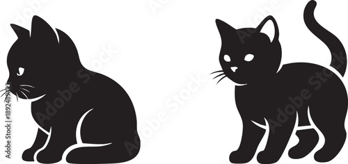 Two black silhouettes of cute cartoon cats, vector icons