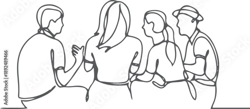 young friends sitting and talking together - one line drawing