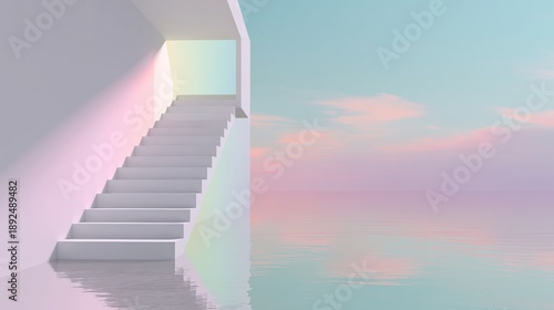 Abstract minimal staircase leading to light and colorful sky over calm water. Architectural render for modern design and spiritual journey concept.