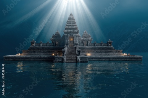 Ancient stone temple by mystic water with atmospheric light rays. Mystical spirituality and sacred place for religious journey, retreat.