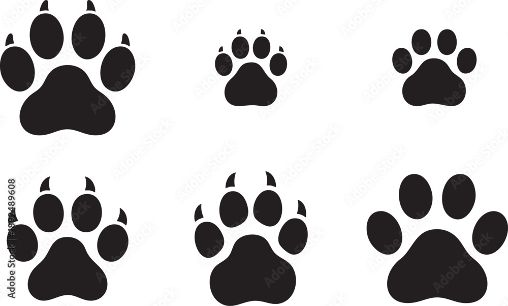 Fototapeta premium Set of six black paw print silhouettes of different sizes, vector icons