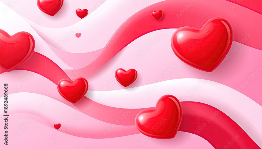 Obraz premium Abstract background with flowing pink waves and floating red hearts for romance.