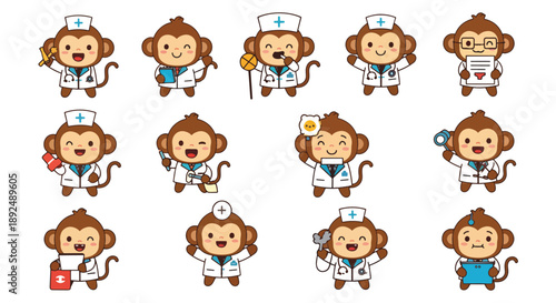 Cute Monkey Doctor Cartoon Characters Set