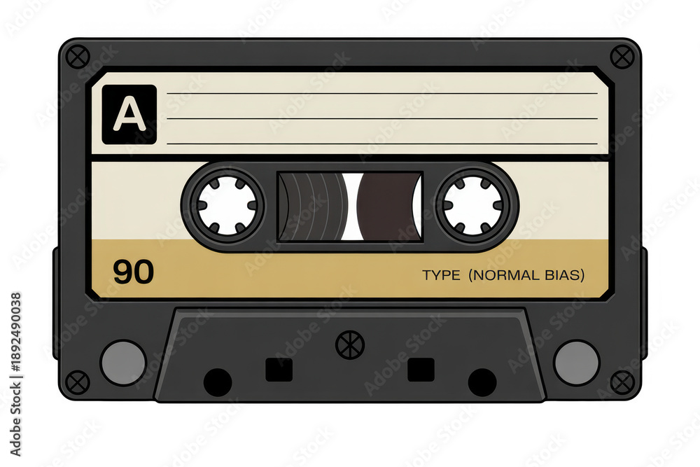 Fototapeta premium Black cassette tape with white and gold label isolated on a transparent background