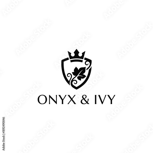 Elegant shield with crown and ivy leaf crest for luxury fashion or premium boutique branding identity labeled with ONYX & IVY typography