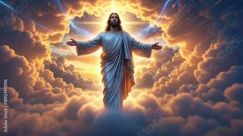 Abstract heaven ascension motion graphics with silhouette of Jesus Christ in sunset cloudscape, religious spiritual awakening and divine sacred healing.