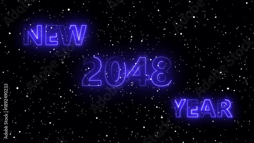 Happy New Year Neon 2048 Animation – blue Particles Celebration Loop. Glowing Neon 2048 Text with Snow Particles – Festive Holiday Motion Graphic	