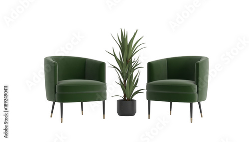 Two green chairs and a potted plant isolated on a transparent background