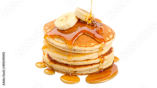 Obraz na plátne Stack of pancakes with banana slices and maple syrup poured on top isolated on t