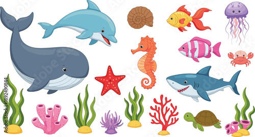 Marine animals cartoon vector set. Whale, dolphin, shark, fish, turtle, and jellyfish illustrations. Cute underwater sea life for kids, education, stickers, and creative designs.