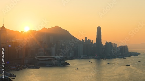 Aerial view of dusk time of Victoria Harbour in Hong Kong