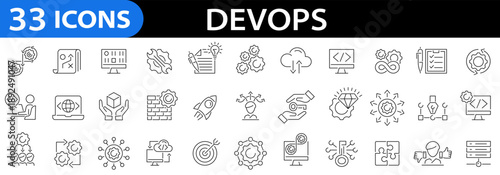 Devops 33 icons set. server symbols, agile workflows, CI/CD, software, code, practice, combine, deployment, automation and more. Editable stroke. Vector illustration