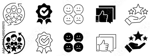 Customer Satisfaction icons. Customer experience, feedback, survey, loyalty, rating, review, support, client satisfaction. Editable stroke. Vector illustration