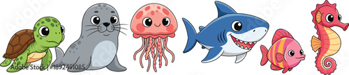 Marine animals cartoon vector set. Cute turtle, seal, jellyfish, shark, fish and seahorse. Adorable ocean animal illustrations isolated on white background.