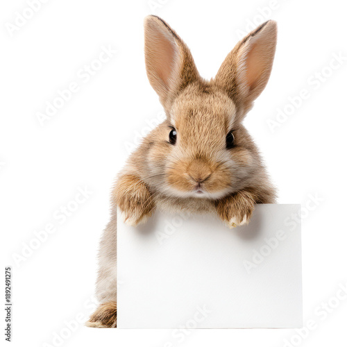 A baby rabbit holding a blank sign with its paws on transparent background