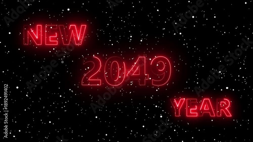 Happy New Year Neon 2049 Animation – red Particles Celebration Loop. Glowing Neon 2049 Text with Snow Particles – Festive Holiday Motion Graphic	