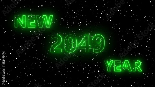 Happy New Year Neon 2049 Animation – green Particles Celebration Loop. Glowing Neon 2049 Text with Snow Particles – Festive Holiday Motion Graphic	