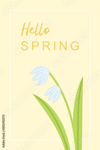 Delicate postcard with inscription Hello Spring and lily of the valley flowers. Seasonal hand drawn card, poster, web banner. Vector illustration on yellow background.