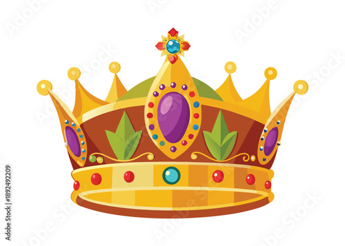 An ornate golden crown adorned with colorful jewels and regal design.
