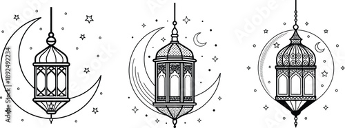 Islamic ramadan lantern illustration with crescent moon and stars, traditional arabic fanous lamps in black and white line art, elegant muslim decoration for ramadan kareem and eid mubarak