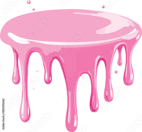 Pink ice cream melt with glossy drips and smooth texture for dessert designs or summer graphics. Liquid flows down in curved streams on white bg. Sweet decoration for packaging and advertisements.