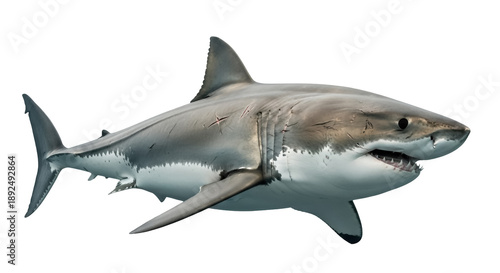 Fotografía Great white shark isolated PNG on transparent background, powerful sea predator