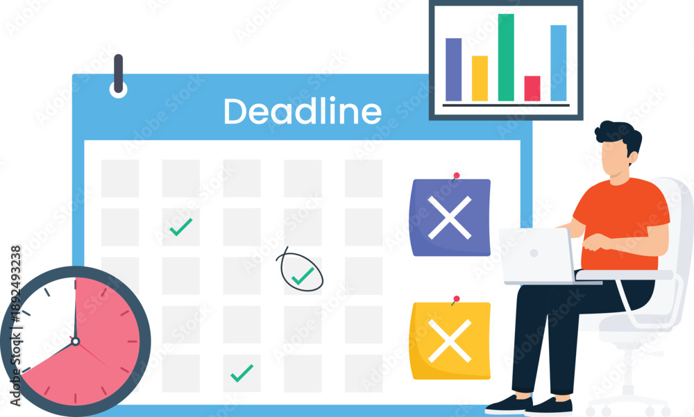 Fototapeta premium Deadline management project scheduling business productivity time tracking task completion calendar planning office worker digital concept modern flat data analysis work efficiency urgent task