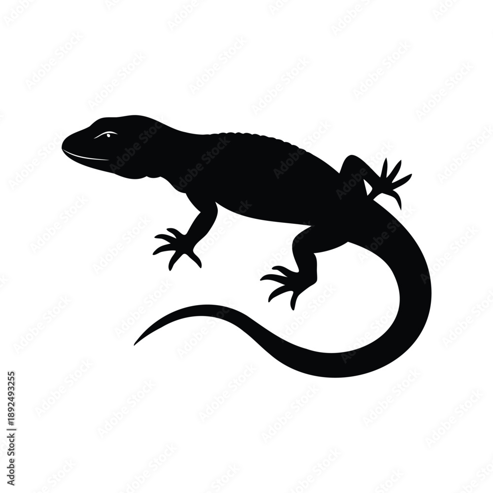 Fototapeta premium Lizard silhouette vector illustration for design purposes, A black and white silhouette of a lizard in a vector illustration style