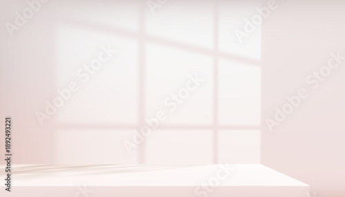 Soft pink minimalist background,Window shadow on empty wall and top table,Vector pastel color for Valentines Day,Spring sale,Beauty,Cosmetic product mockup,Romantic display,Feminine brand presentation