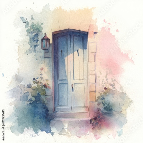 Watercolour illustration of a door, gentle pastel tones, loose artistic watercolor style, centered symbolic composition