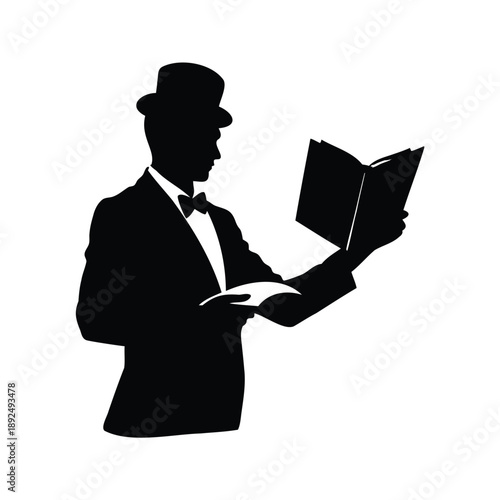 Elegant gentleman reading book silhouette vector illustration, A sophisticated man in a suit and hat reads a book, depicted in a stylish black and white silhouette vector illustration