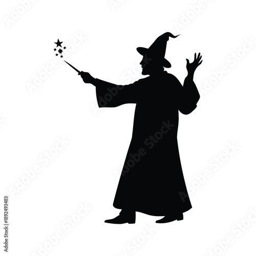 Magician performing spell silhouette vector illustration, A black and white silhouette of a magician performing a spell with a wand