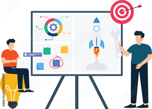 Business presentation project launch startup development team collaboration goal achievement data analysis idea generation successful planning technical support flat design