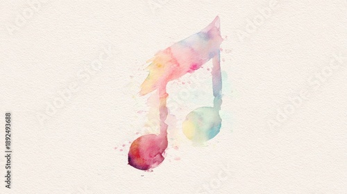 Watercolour illustration of a single musical note, soft flowing watercolor edges, light paper texture, airy composition, minimal artistic style