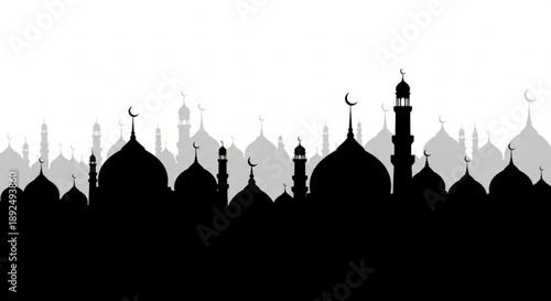 Silhouette of mosque skyline with domes and minarets at dusk crescent moon rising islamic architecture cityscape religious landmarks black and gray illustration on white background