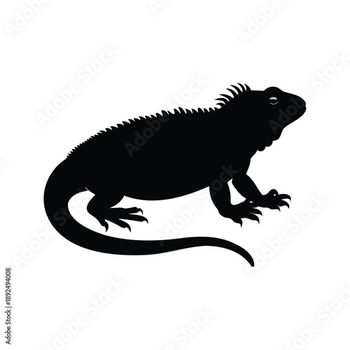 Stylized silhouette of an iguana, black and white vector illustration, A detailed black and white silhouette vector illustration of an iguana, perfect for design and illustration purposes