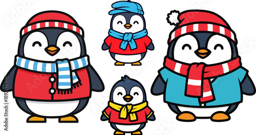 Adorable cartoon family of four penguins dressed in festive winter clothing including colorful hats and warm knitted scarves celebrating the cold season.