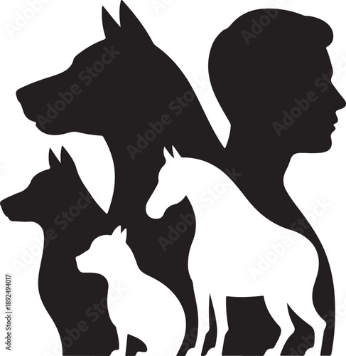 Man's Best Friends Silhouette - Dog, Cat, Horse and Human Connection