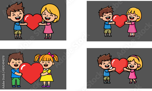 Collection of four cartoon children sharing large red hearts together symbolizing friendship love and togetherness in a simple graphic style