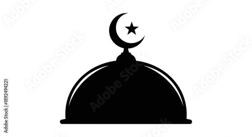 Black silhouette of a cloche with crescent moon and star on top symbolizing ramadan or islamic culture against a white background