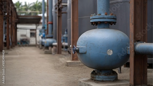 Wallpaper Mural Close up view of industrial piping a blue pressure storage tank and associated valves at a manufacturing plant Torontodigital.ca