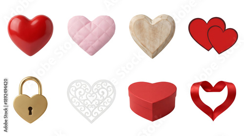 Heart shape collection including plastic, fabric, wooden, golden lock, filigree, and ribbon variants isolated. Valentine's Day and romance design elements set.