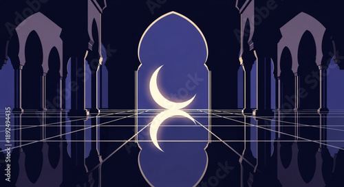 Glowing crescent moon symbol in a mystical dark blue mosque interior with arches and reflective floor