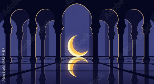 Golden crescent moon shines through arches in a serene dark blue mosque interior with reflective floor