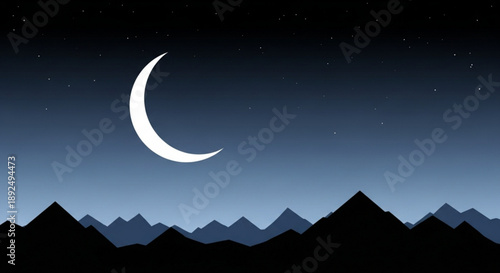 Crescent moon in night sky over mountain range silhouette at dusk with stars