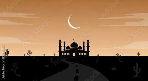 Silhouette of a mosque at sunset with a crescent moon in the desert landscape