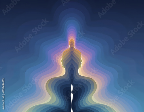 Abstract Human Silhouette Meditating with Colorful Aura Layers